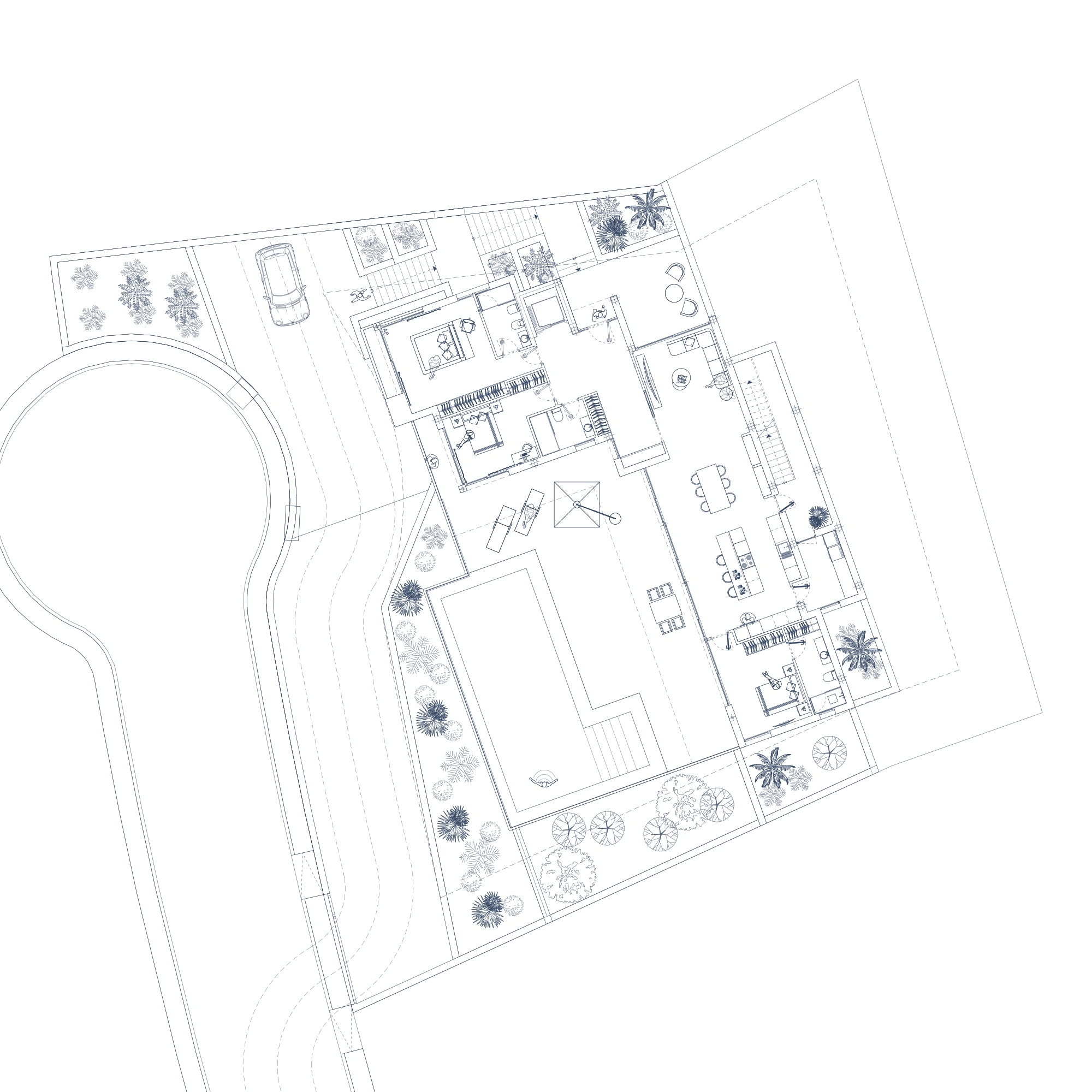 Vista en planta del DXF original de la prueba, con parcela, vivienda, piscina y vegetación