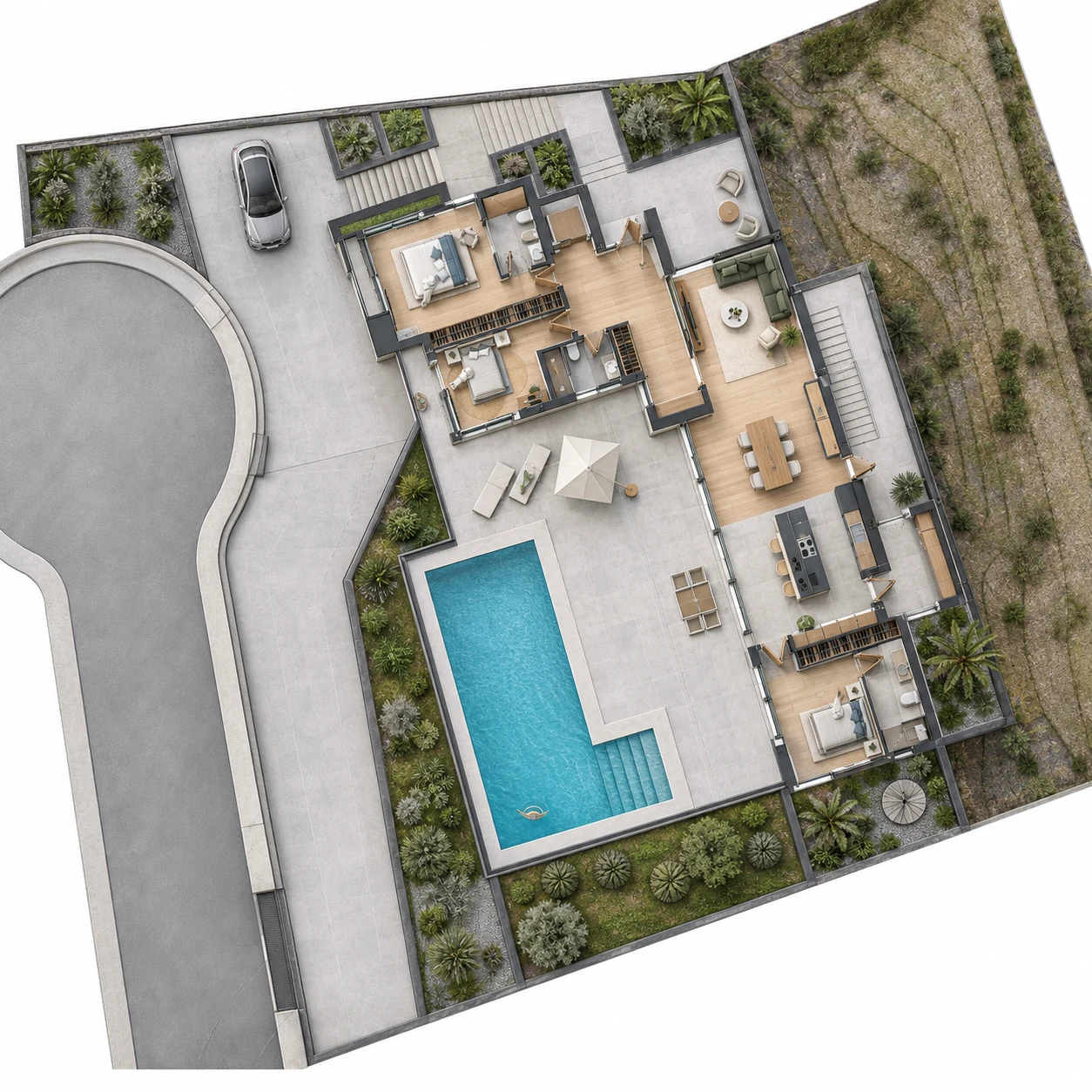 Prueba de render en planta de una vivienda con suelos de madera, terraza y piscina