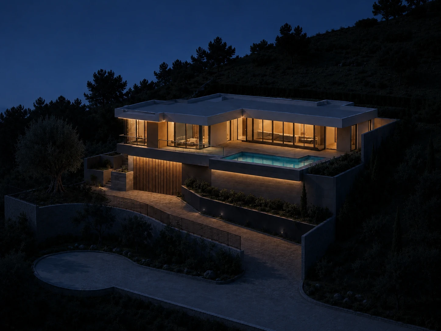 Prueba de render nocturno de una vivienda contemporánea, con iluminación cálida y piscina