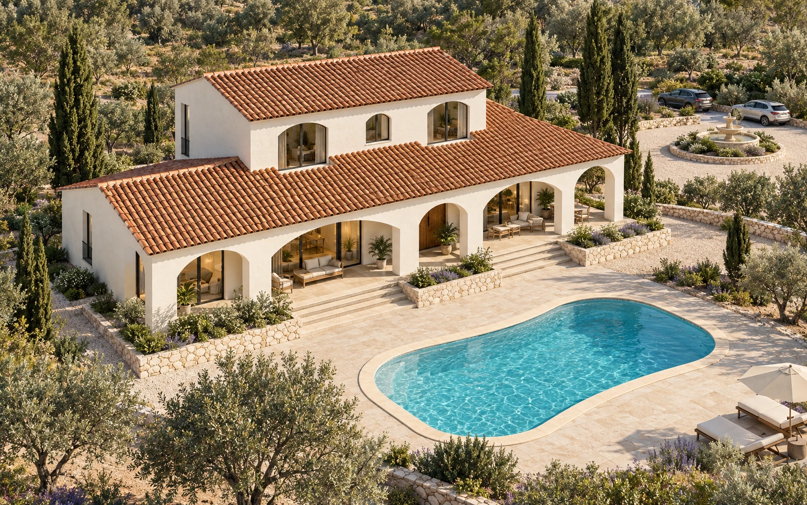 Visualización con IA de una vivienda mediterránea con arquerías, jardín y piscina